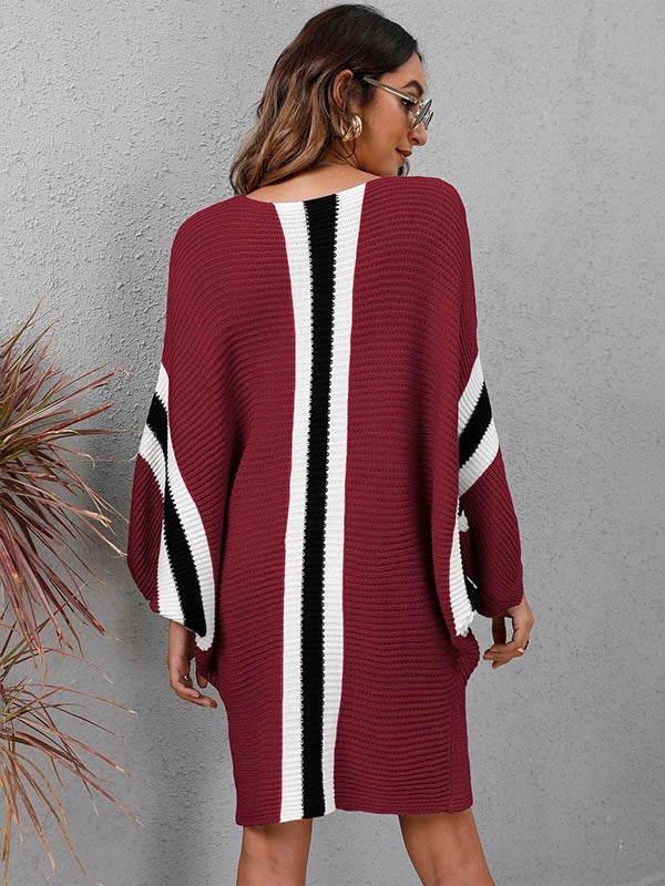 Original Loose 4 Colors Striped Round-Neck Batwing Long Sleeves Sweater Dress by migunica