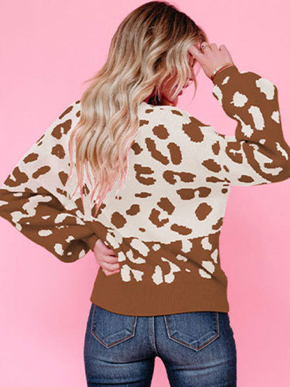 Urban Puff Sleeves Leopard Two-Tone Round-Neck Sweater Tops by migunica