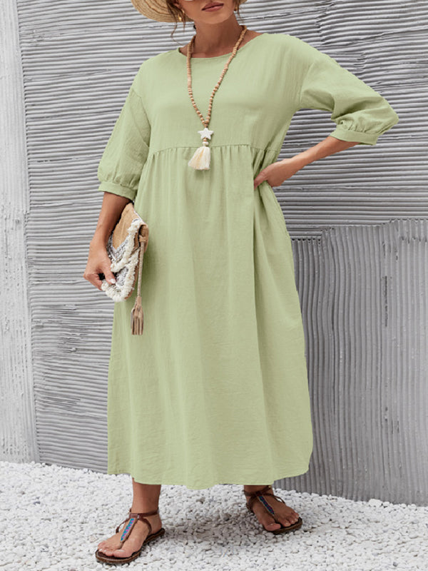 11 Colors Simple Round-Neck Solid Color Midi Dress by migunica