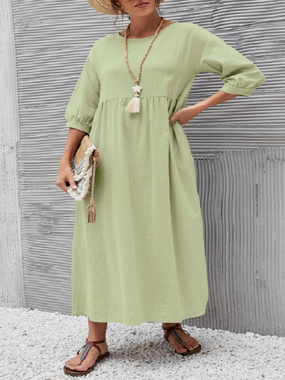 11 Colors Simple Round-Neck Solid Color Midi Dress by migunica