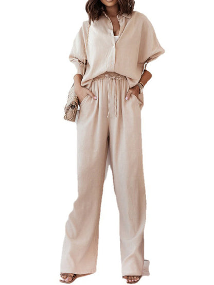 Solid Color High-Low Long Sleeves Lapel Blouses + Drawstring Pants Two Pieces Set by migunica