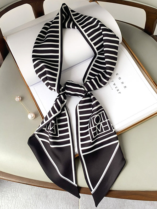 Urban Contrast Color Striped Printed Silk Imitation Scarf by migunica