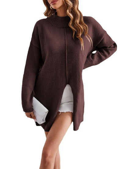 Long Sleeves Loose Solid Color Split-Front Velvet Mock Neck Pullovers Sweater Tops by migunica