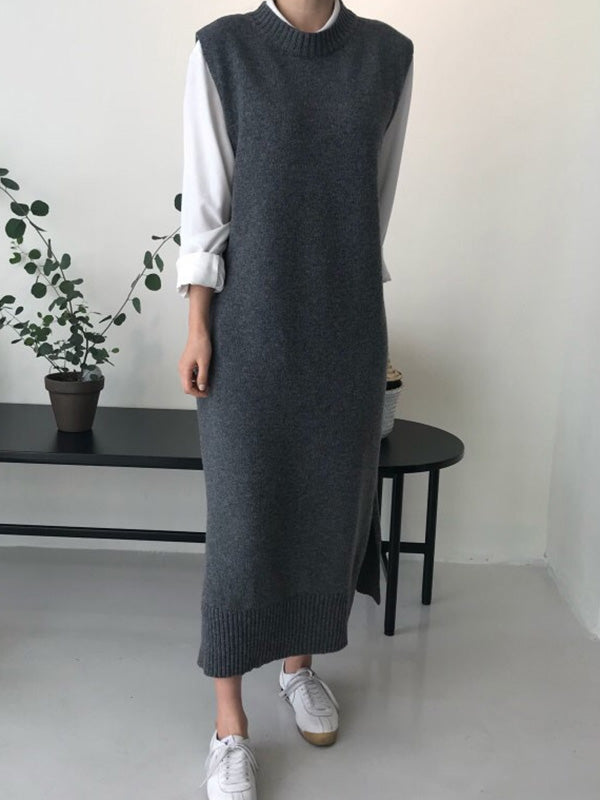 Urban Loose Sleeveless Solid Color Round-Neck Midi Dresses Sweater Dresses by migunica