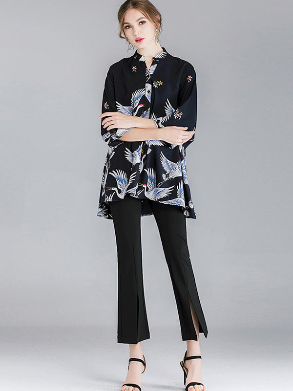 Original Crane Printed Buttoned Stand Collar Half Sleeves Blouse by migunica