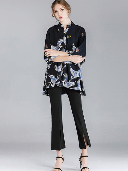 Original Crane Printed Buttoned Stand Collar Half Sleeves Blouse by migunica