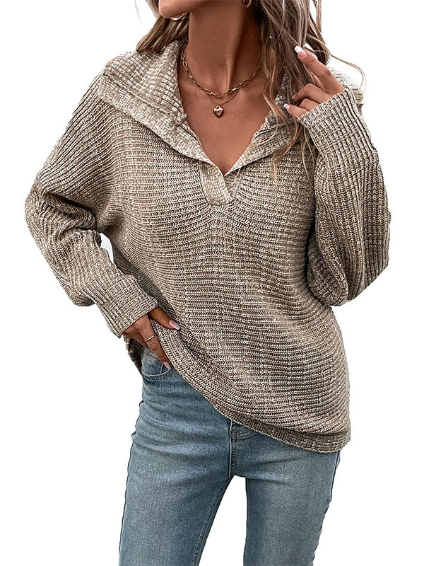 Casual Loose Long Sleeves Solid Color Lapel Collar Sweater Tops by migunica