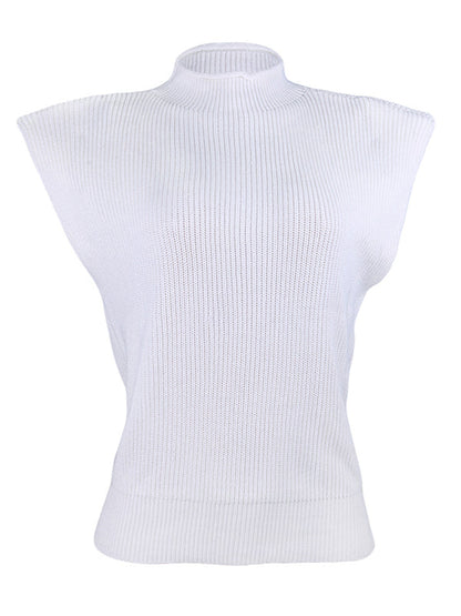 Casual Cap Sleeve Solid Color High-Neck Sweater Tops Pullovers by migunica