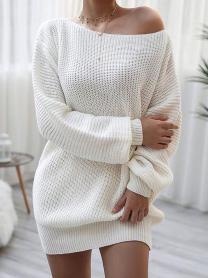 Rib-Knit Balloon Sleeve Boat Neck Sweater Dress by BlakWardrob