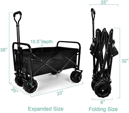 YSSOA Heavy Duty Folding Portable Cart Wagon with 7\'\' Widened All-Terrain Wheels Prevent to Sinking in The Sand, Adjustable Handles and Double Fabric for Shopping, Park, Beach, Camping, Black