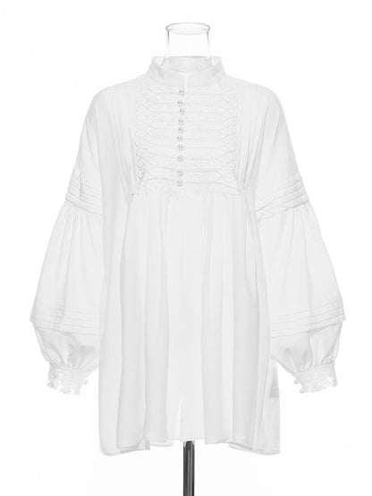 Vacation Long Sleeves Puff Sleeves Embroidered Solid Color Stand Collar Mini Dresses by migunica