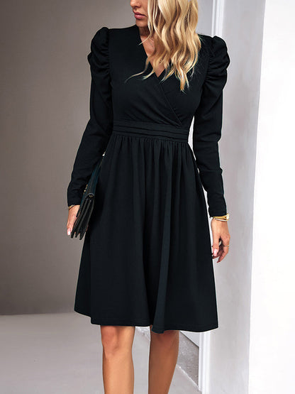 Puff Sleeves Skinny Pleated Solid Color Split-Joint V-Neck Midi Dresses by migunica