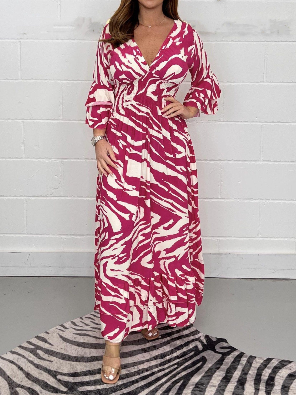 Smocked Printed Flounce Sleeve Maxi Dress by BlakWardrob