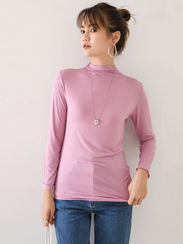 10 Colors Simple Solid Color Long Sleeves High-Neck T-Shirt Top by migunica