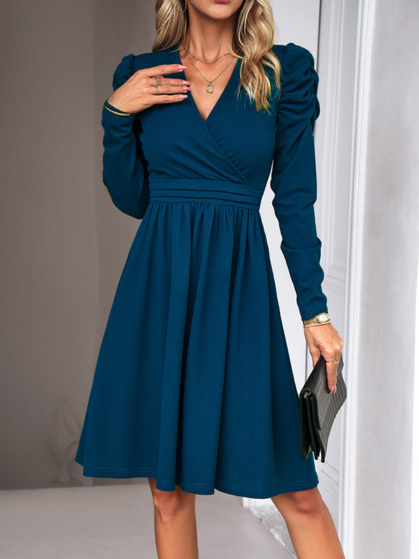 Puff Sleeves Skinny Pleated Solid Color Split-Joint V-Neck Midi Dresses by migunica