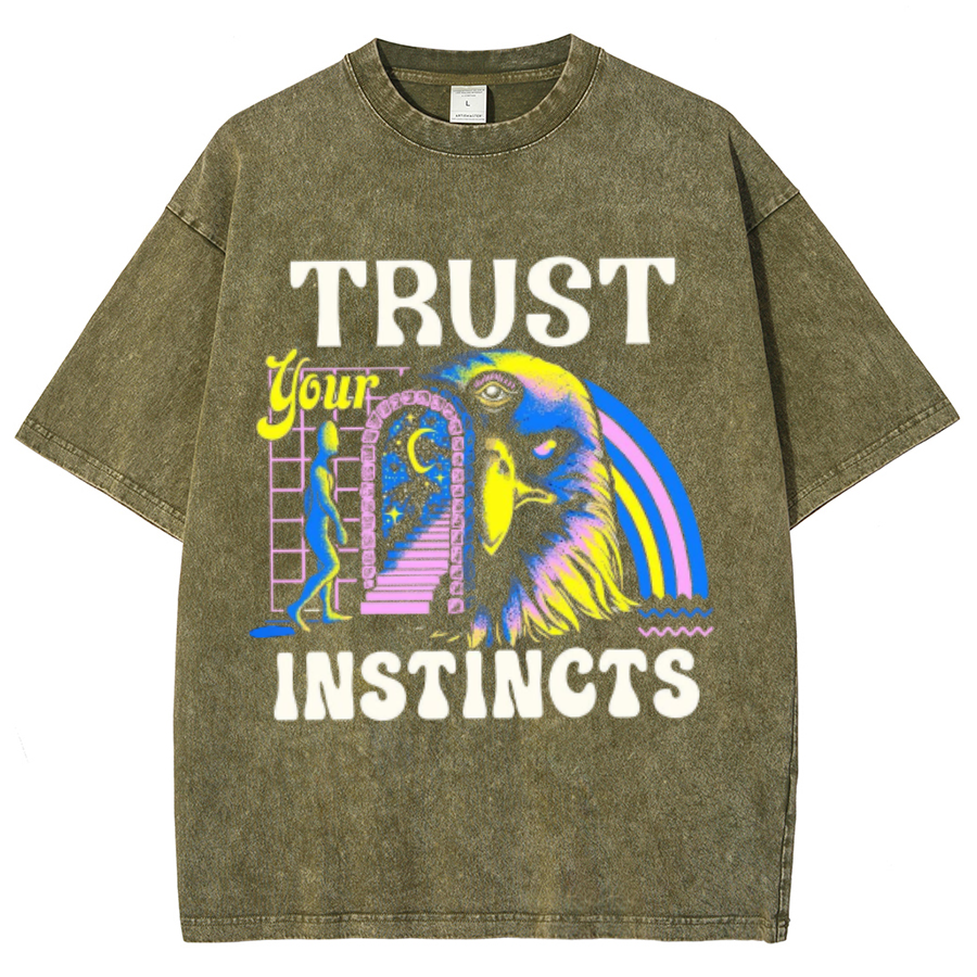 Trust Instincts Unisex Oversized Print Vintage Wash Denim T-Shirt by migunica