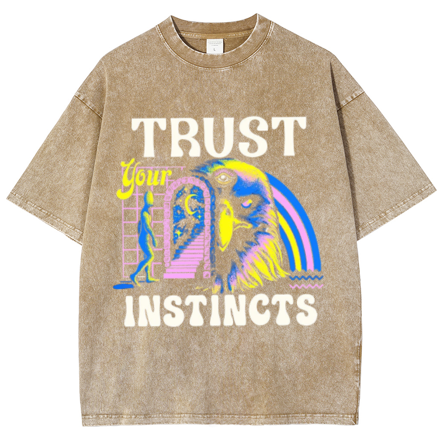 Trust Instincts Unisex Oversized Print Vintage Wash Denim T-Shirt by migunica