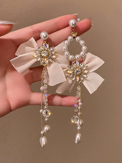 Vintage Rhinestone Bow-Embellished Tasseled Earrings Accessories by migunica