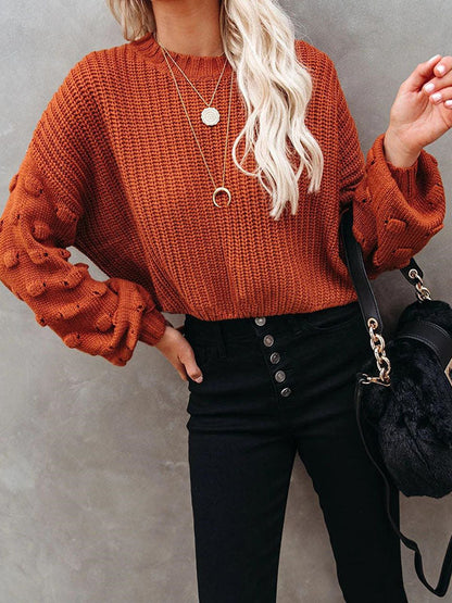 Trendy Tops Puff Sleeves Loose Solid Color Round-Neck Sweater Tops by migunica