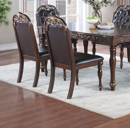 Majestic Formal Set of 2 Side Chairs Brown Finish Rubberwood Dining Room Furniture Intricate Design Cushion Upholstered Seat Tufted Back