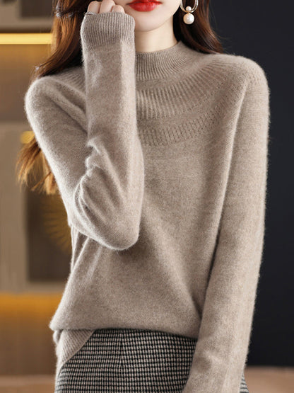 Office Raglan Sleeve Hollow Solid Color High-Neck Sweater Tops by migunica