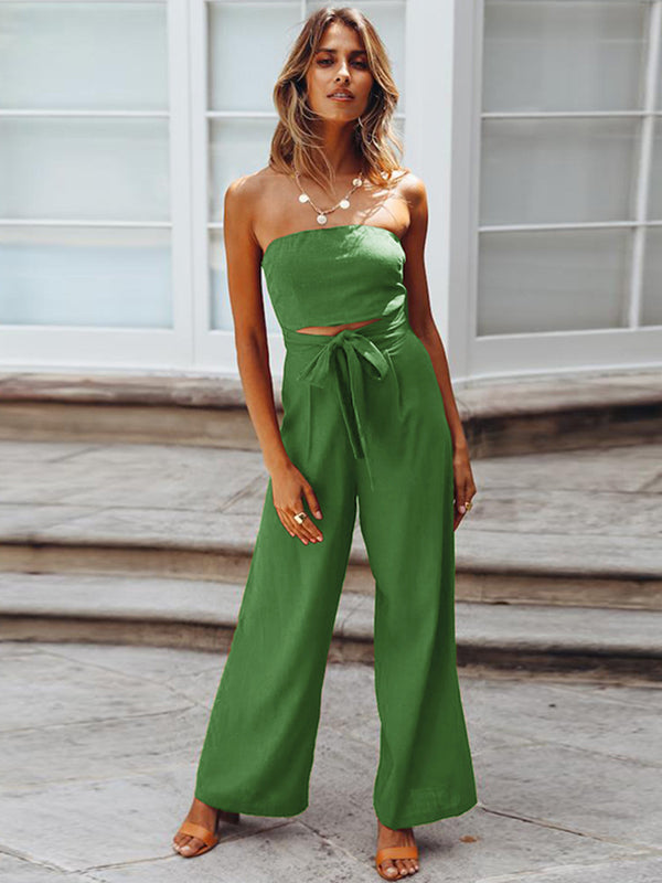 Original Cold Shoulder Tied Solid Color Straight Leg Jumpsuits by migunica