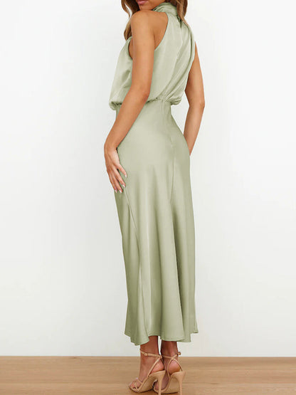 Sleeveless Solid Color Halter-Neck Midi Dresses by migunica