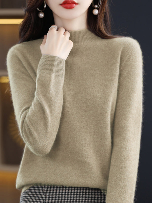 Office Long Sleeves Solid Color High-Neck Sweater Tops Pullovers by migunica