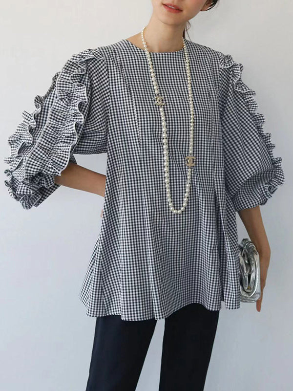 Trendy Tops Loose Puff Sleeves Plaid Agaric Laces Falbala Round-Neck Blouses by migunica