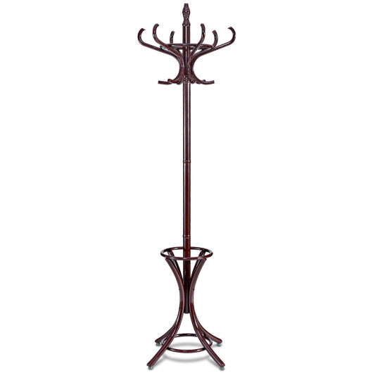 Wood Standing Hat Coat Rack with Umbrella Stand-Brown by VYSN