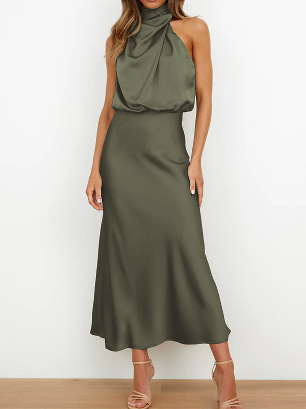 Sleeveless Solid Color Halter-Neck Midi Dresses by migunica