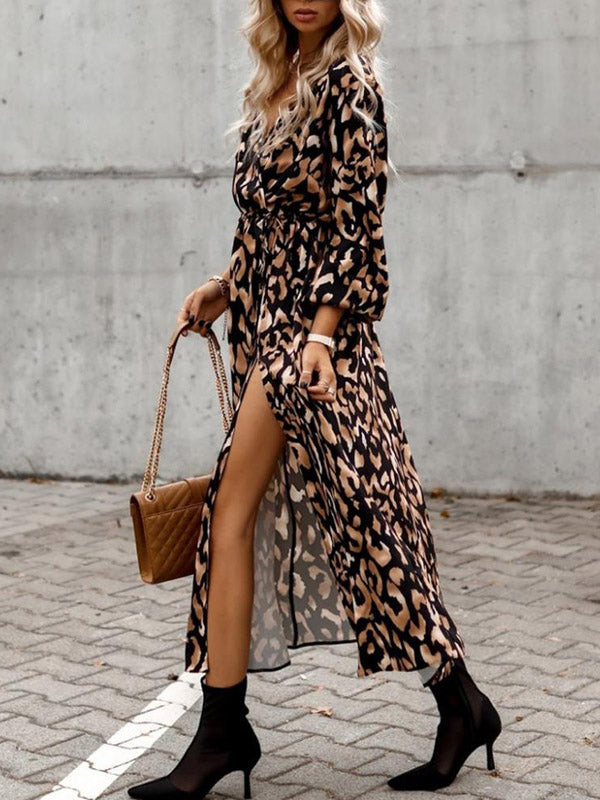 Vacation Loose Long Sleeves Split-Side Leopard V-Neck Midi Dresses by migunica