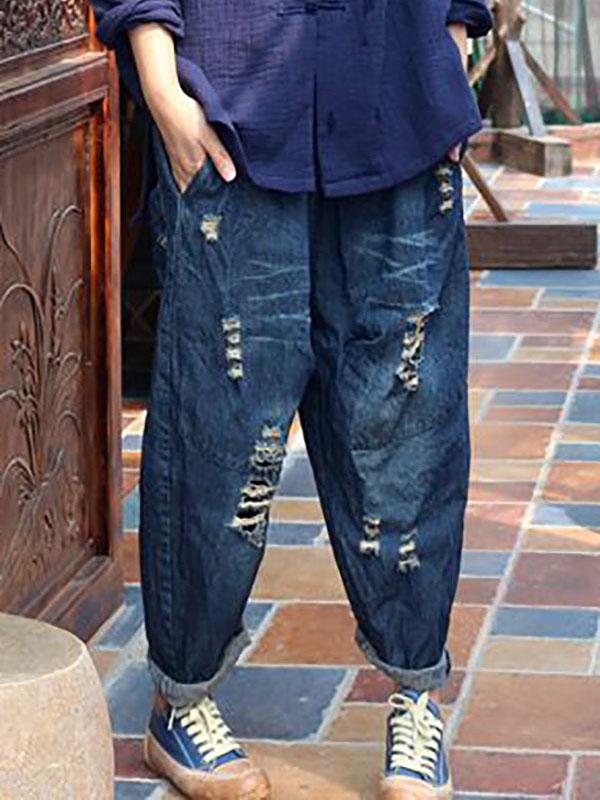 Vintage Elasticity Hollow 3/4 Jean Pants by migunica