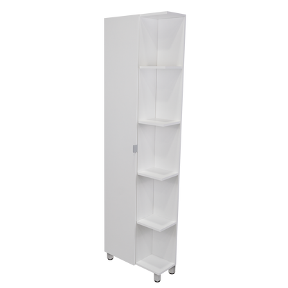 Corner Cabinet Womppi, Five Open Shelves, Single Door, White Finish