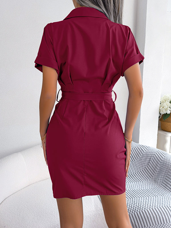 Short Sleeves Bandage Pleated Solid Color Lapel Mini Dresses by migunica