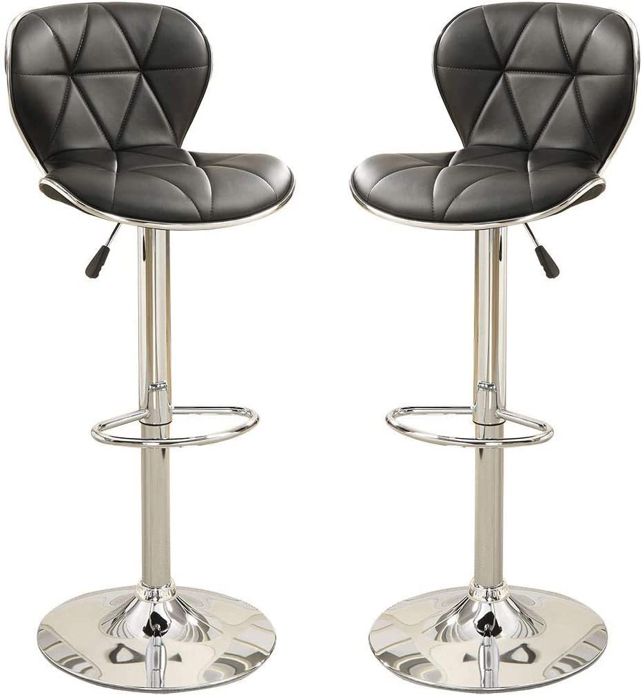 Black Faux Leather Stool Counter Height Chairs Set of 2 Adjustable Height Kitchen Island Stools Gas Lift Chrome Base.