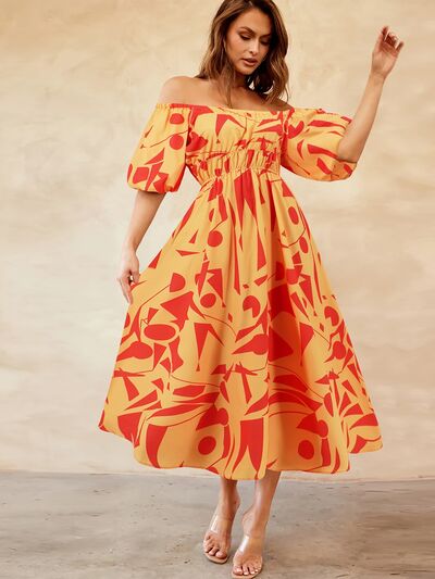 Printed Off-Shoulder Balloon Sleeve Dress by BlakWardrob