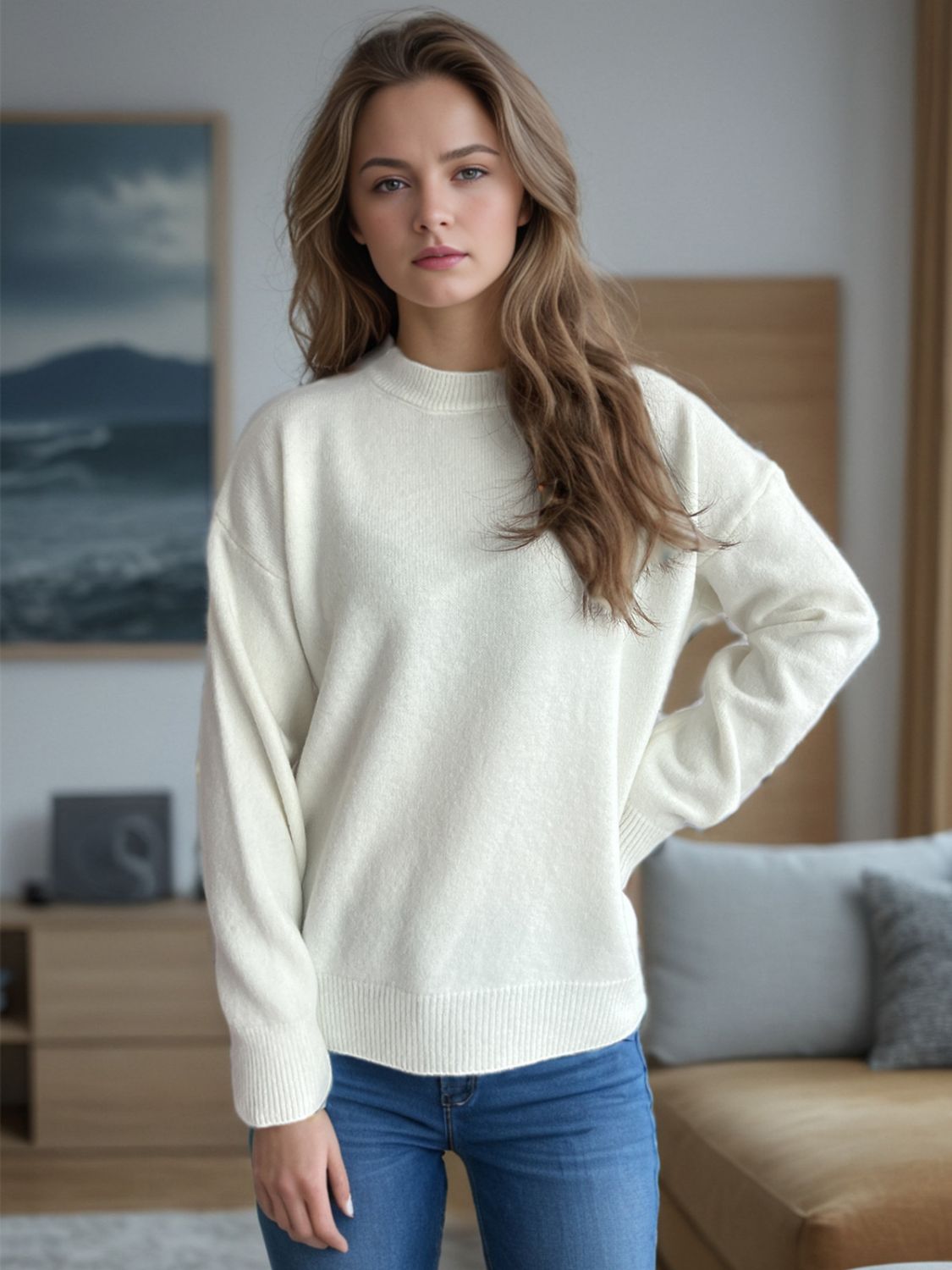 Round Neck Drop Shoulder Long Sleeve Sweater