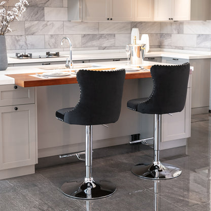 A&A Furniture,Swivel Velvet Barstools Adjusatble Seat Height from 25-33 Inch, Modern Upholstered Chrome base Bar Stools with Backs Comfortable Tufted for Home Pub and Kitchen Island（Black,Set of 2）