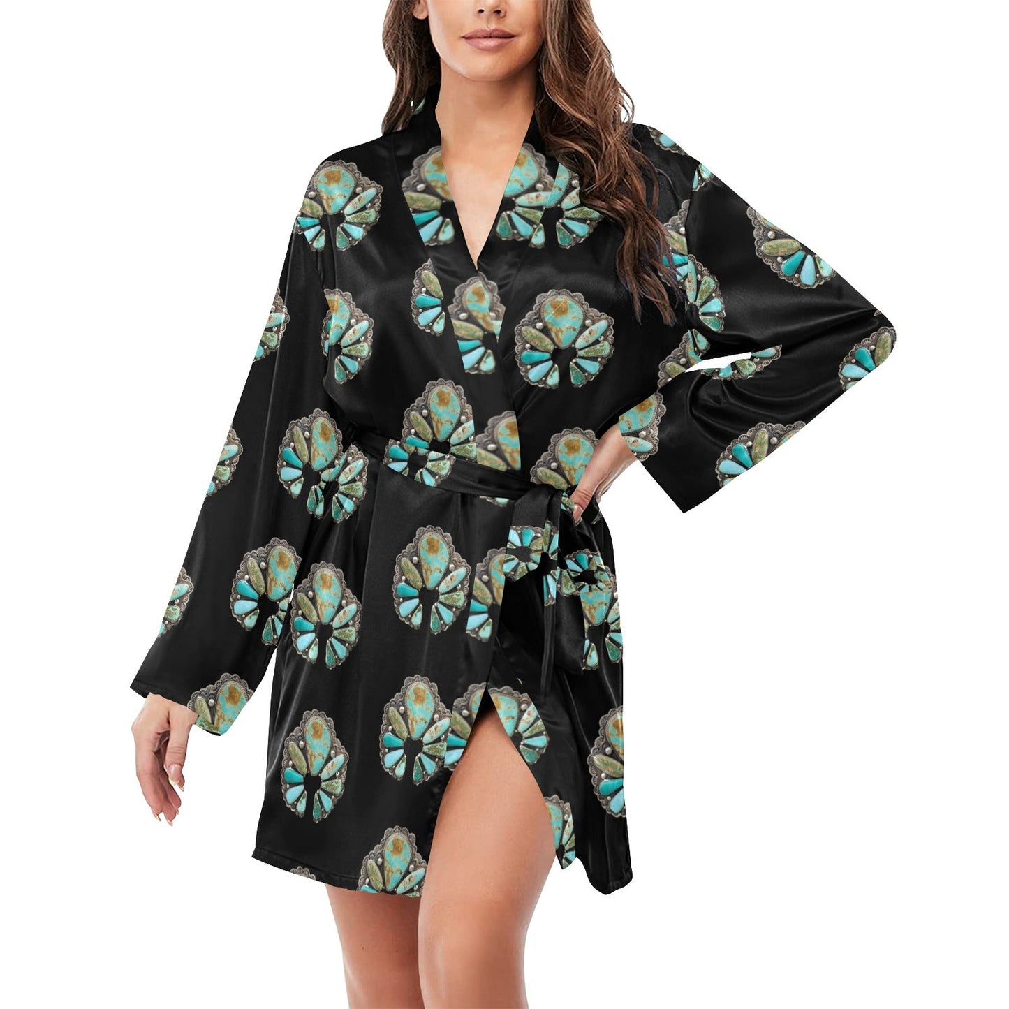 Turquoise Naja Women's Long Sleeve Belted Satin Feel Dressing Lounge Robe by Baha Ranch Western Wear