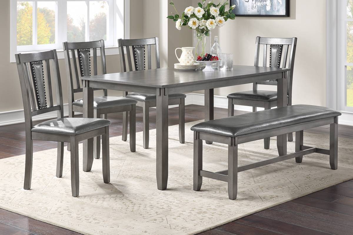 Dining Room Furniture Gray Color 6pc Set Dining Table 4x Side Chairs and A Bench Solid wood Rubberwood and veneers