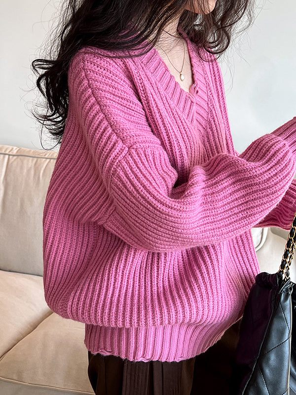 Long Sleeves Loose Hollow Solid Color V-Neck Pullovers Sweater Tops by migunica