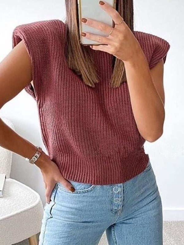 Casual Cap Sleeve Solid Color High-Neck Sweater Tops Pullovers by migunica