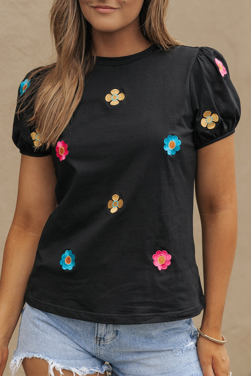 Oaklyn Embroidered Flower Short Puff Sleeve Tee by Threaded Pear