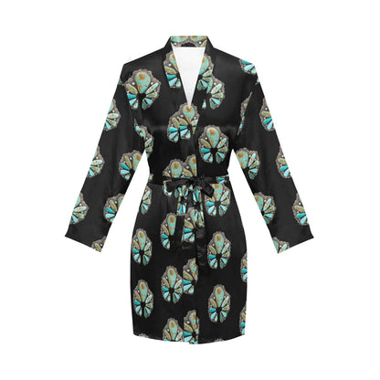 Turquoise Naja Women's Long Sleeve Belted Satin Feel Dressing Lounge Robe by Baha Ranch Western Wear