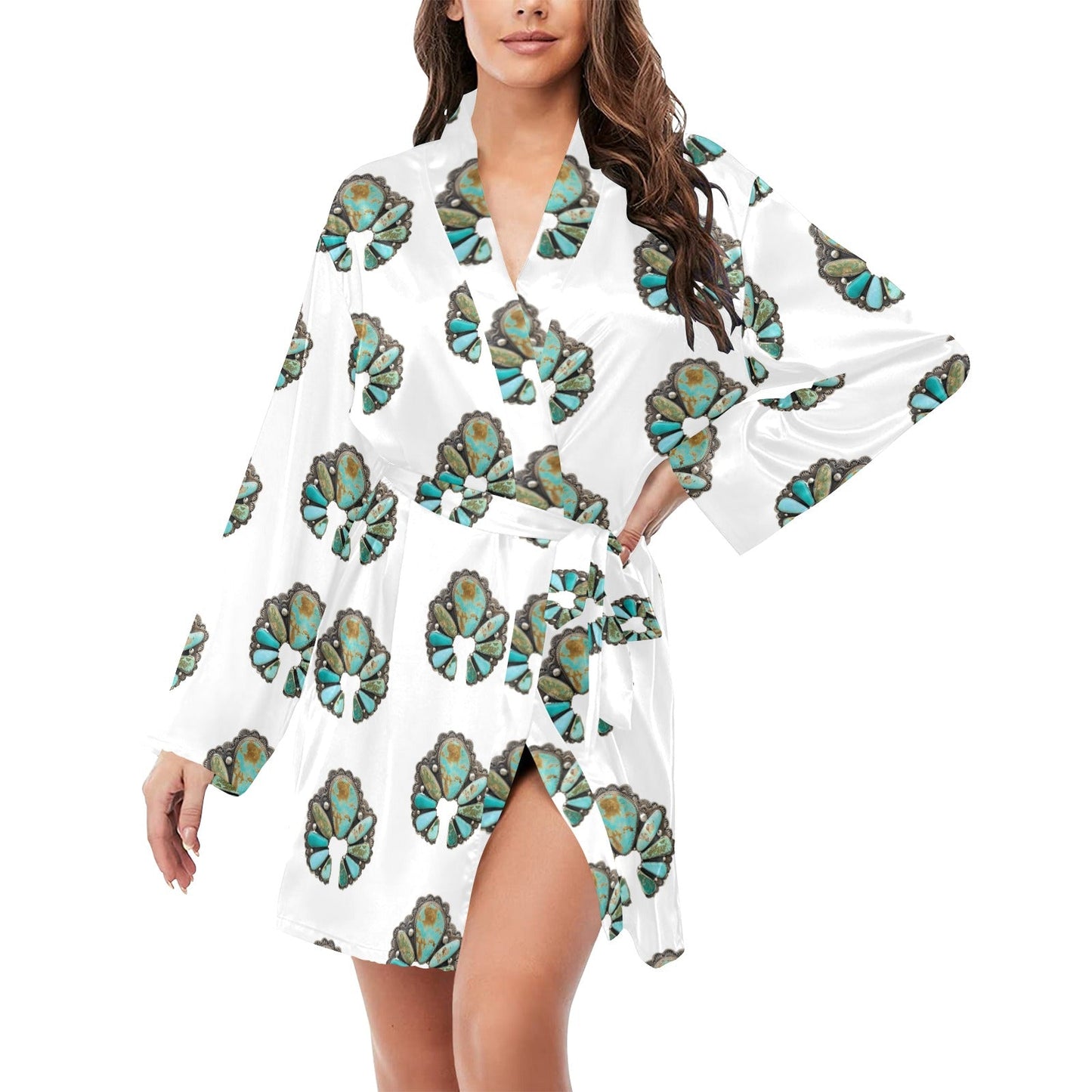 Turquoise Naja Women's Long Sleeve Belted Satin Feel Dressing Lounge Robe by Baha Ranch Western Wear