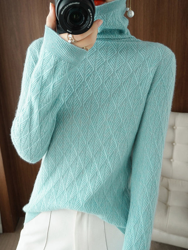 Solid Color Long Sleeves High-Neck Sweater Tops by migunica