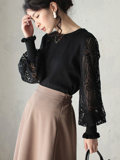 Original Loose Hollow Lace Round-Neck Long Puff Sleeves Sweater Pullovers by migunica