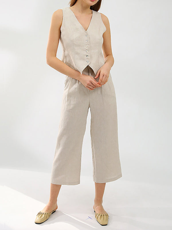 Solid Color  Sleeveless Buttoned Deep V-Neck Vest Top + Pleated Straight Leg Pants Bottom Two Pieces Set by migunica