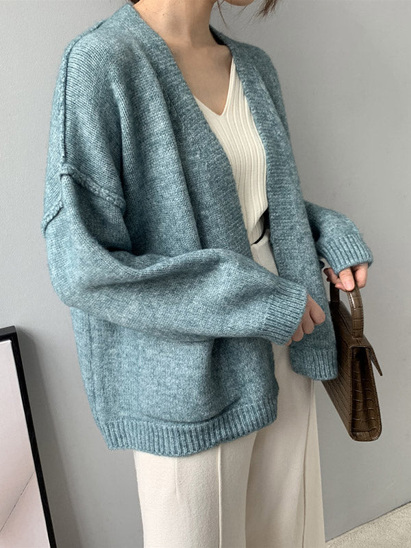 Urban Solid Color Long Sleeves Knitting Cardigans Outerwear by migunica